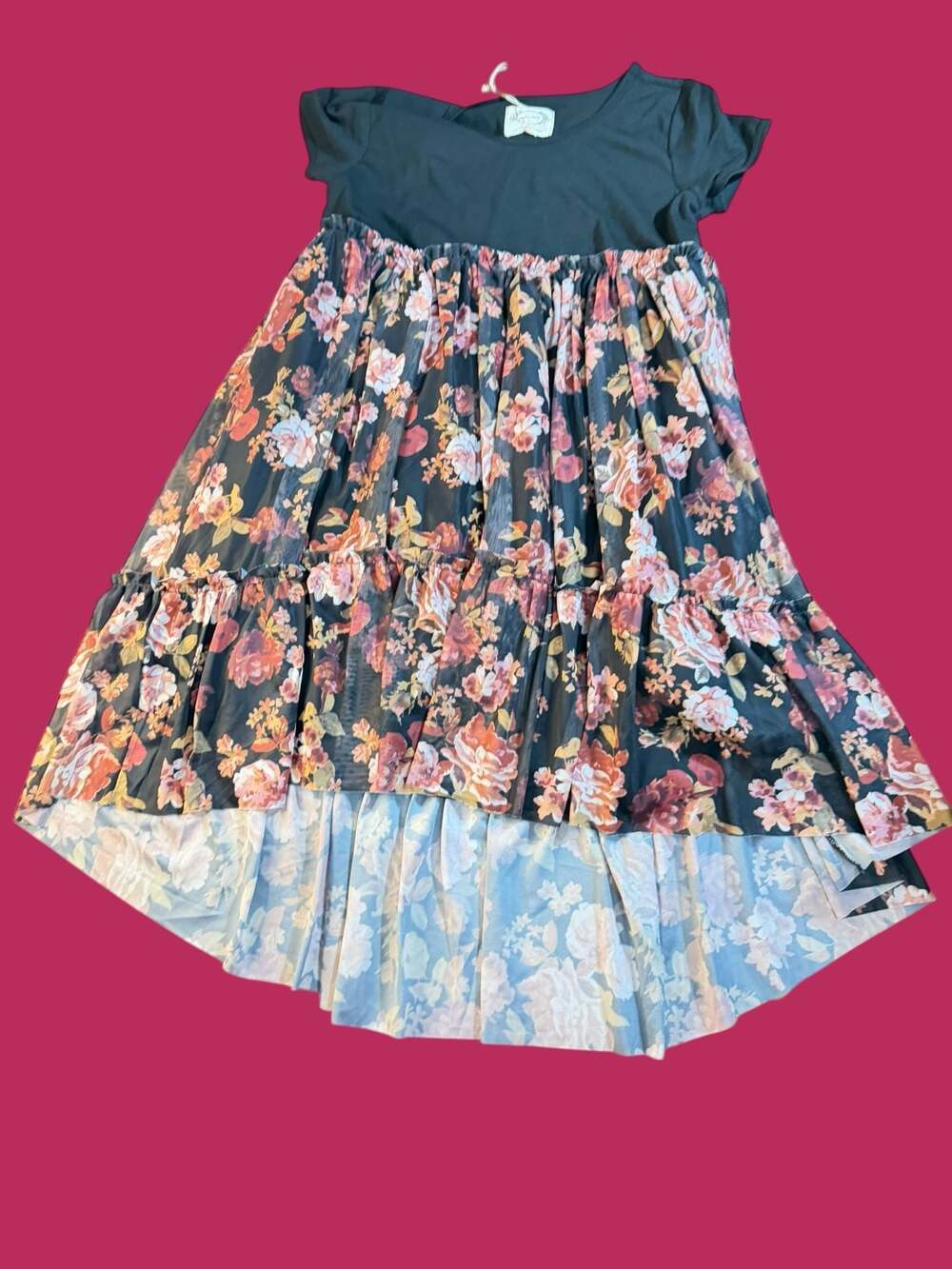 Joyfolie Mia Joy Lorelei High Low Tiered Mesh Dress in Off Black Floral Size 12